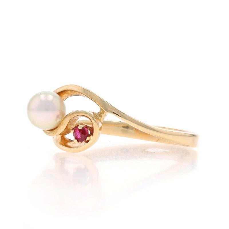 Yellow Gold Cultured Pearl Ruby Bypass Ring - 14k In Excellent Condition For Sale In Greensboro, NC