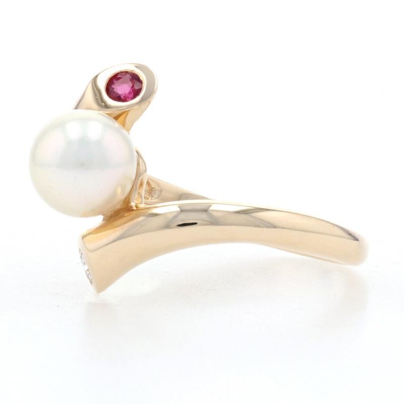 Uncut Yellow Gold Cultured Pearl, Ruby, & Diamond Bypass Ring - 14k Round .18ctw