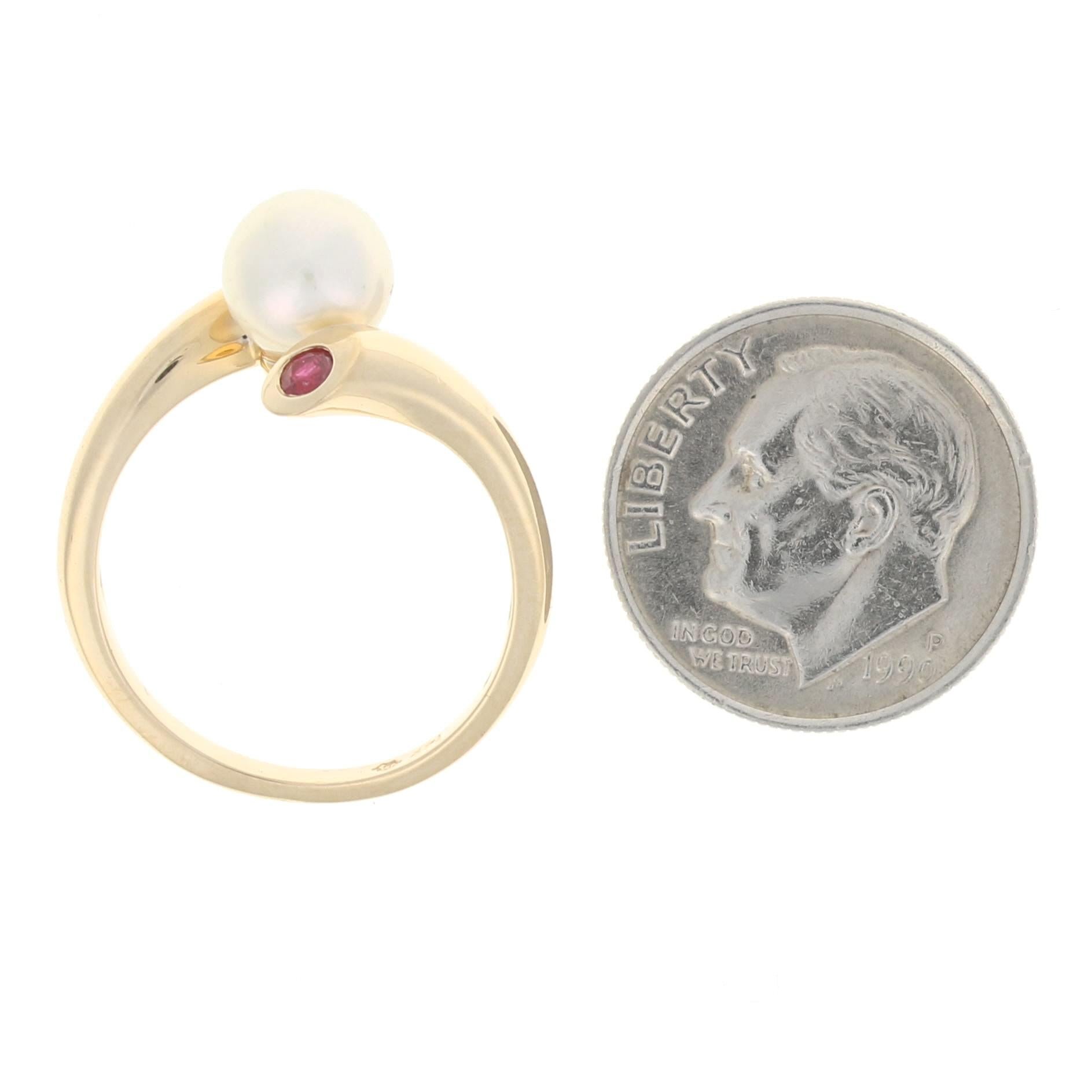 Women's or Men's Yellow Gold Cultured Pearl, Ruby, & Diamond Bypass Ring - 14k Round .18ctw