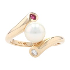 Yellow Gold Cultured Pearl, Ruby, & Diamond Bypass Ring - 14k Round .18ctw