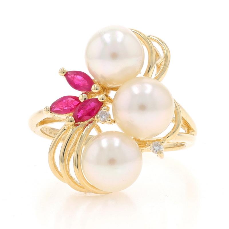 Size: 6 1/4
Sizing Fee: Up 2 sizes for $35 or Down 1 size for $35

Metal Content: 14k Yellow Gold

Stone Information

Cultured Pearls
Color: Cream
Size: 6.8mm & 6.9mm

Natural Rubies
Treatment: Heating
Carat(s): .39ctw
Cut: Marquise
Color: Pinkish