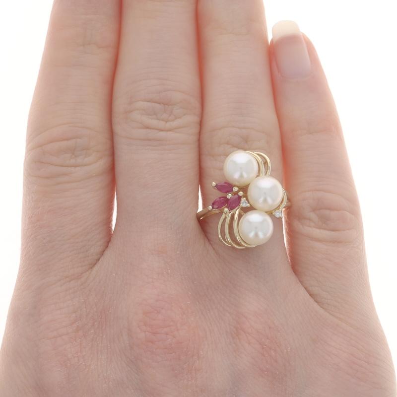 Marquise Cut Yellow Gold Cultured Pearl Ruby Diamond Cluster Cocktail Ring - 14k .41ctw For Sale