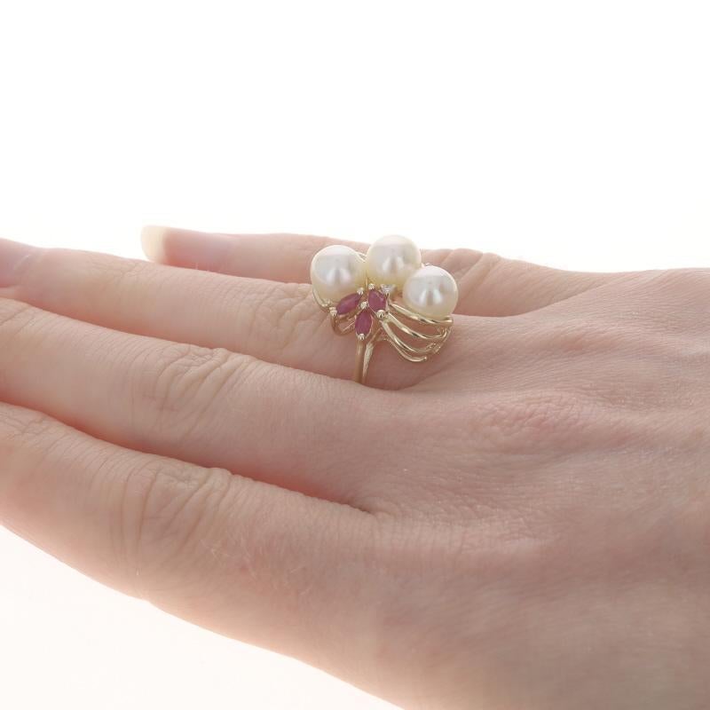 Women's Yellow Gold Cultured Pearl Ruby Diamond Cluster Cocktail Ring - 14k .41ctw For Sale