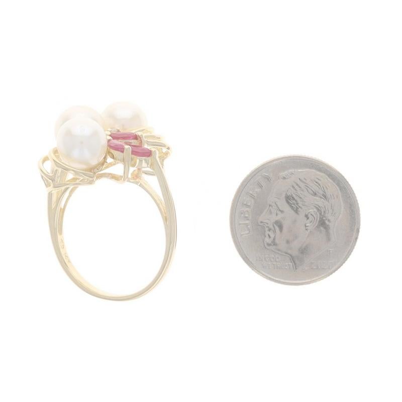 Yellow Gold Cultured Pearl Ruby Diamond Cluster Cocktail Ring - 14k .41ctw For Sale 1