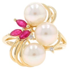 Yellow Gold Cultured Pearl Ruby Diamond Cluster Cocktail Ring - 14k .41ctw