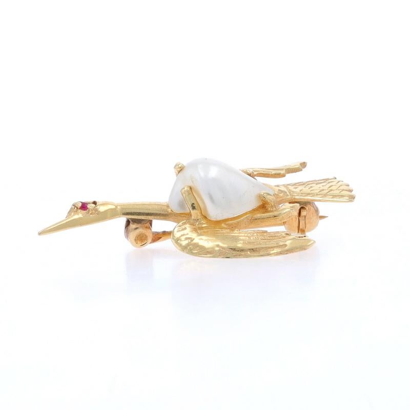 Round Cut Yellow Gold Cultured Pearl & Ruby Flying Goose Brooch - 14k Baroque Bird Pin For Sale