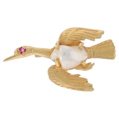 Yellow Gold Cultured Pearl & Ruby Flying Goose Brooch - 14k Baroque Bird Pin