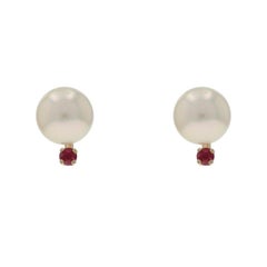 Yellow Gold Cultured Pearl Ruby Stud Earrings - 14k .10ctw Pierced