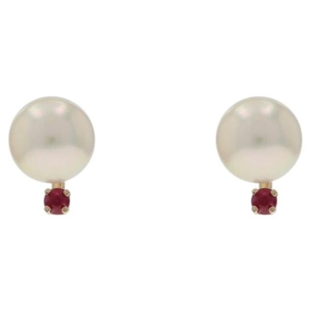 Yellow Gold Cultured Pearl Ruby Stud Earrings - 14k .10ctw Pierced