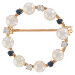 Yellow Gold Cultured Pearl Sapphire Diamond Circle Brooch -14k .20ctw Wreath Pin