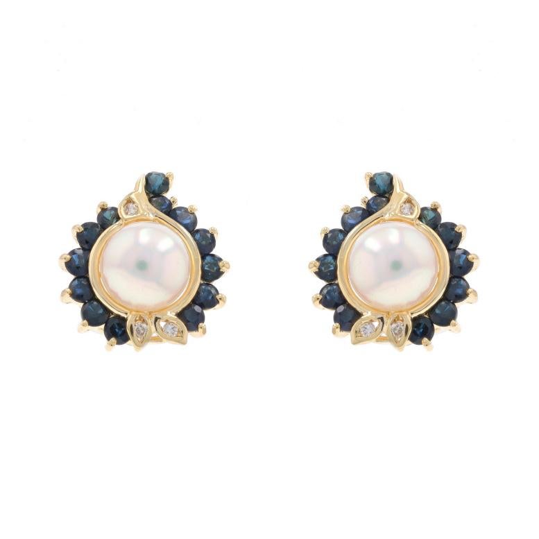 Metal Content: 14k Yellow Gold

Stone Information

Cultured Pearls
Size: 7.9mm & 7.8mm

Natural Sapphires
Treatment: Heating
Carat(s): 2.60ctw
Cut: Round
Color: Blue

Natural Diamonds
Carat(s): .06ctw
Cut: Round Brilliant
Color: H - I
Clarity: SI2 -