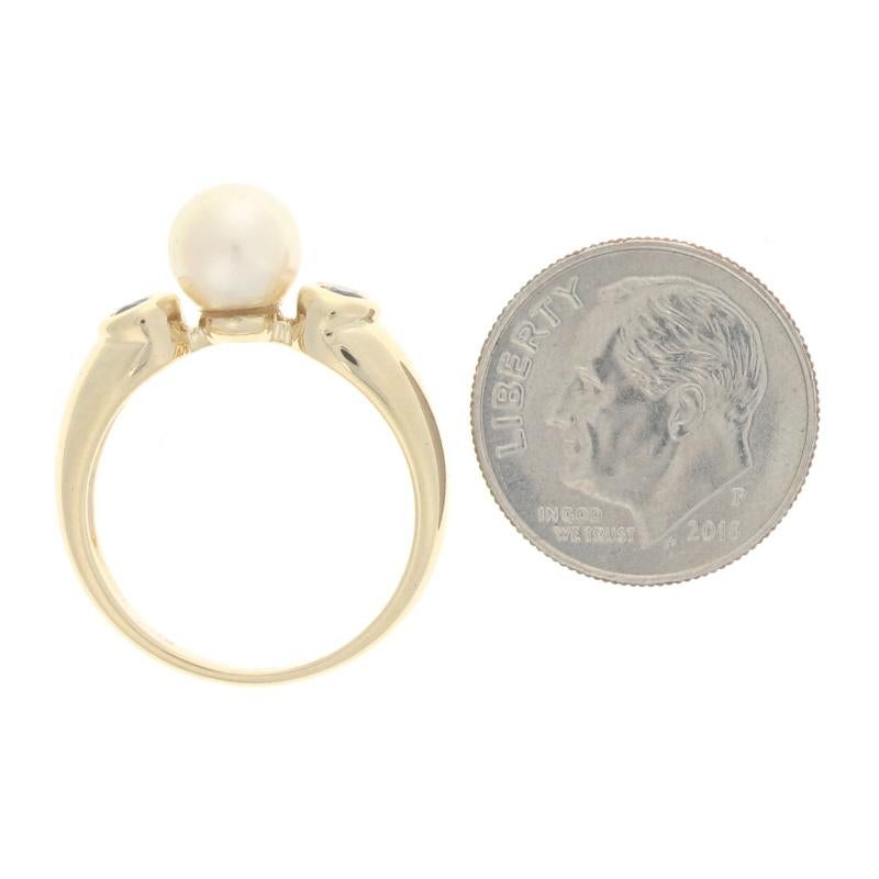 Yellow Gold Cultured Pearl & Sapphire Ring - 14k Round Cut .22ctw 6.8mm For Sale 1