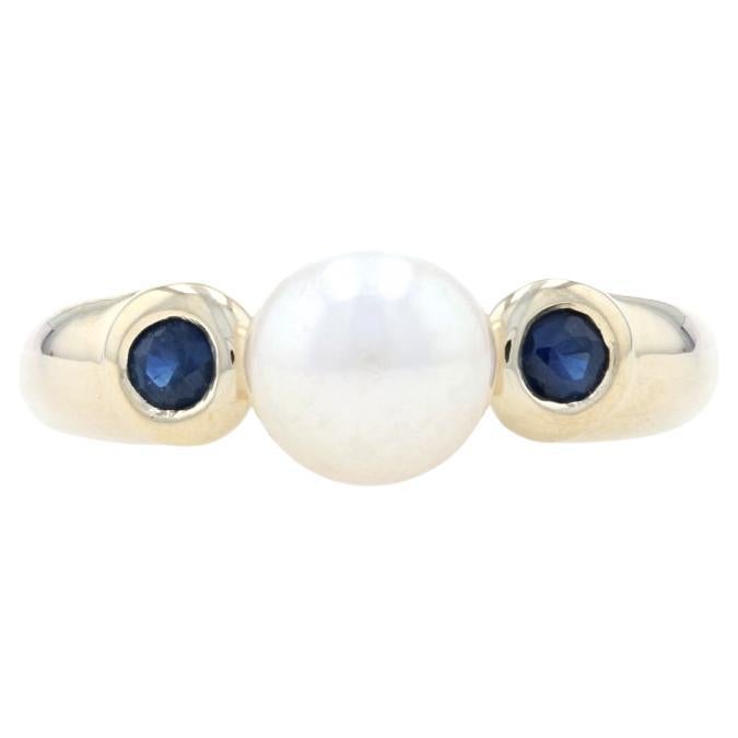 Yellow Gold Cultured Pearl & Sapphire Ring - 14k Round Cut .22ctw 6.8mm For Sale