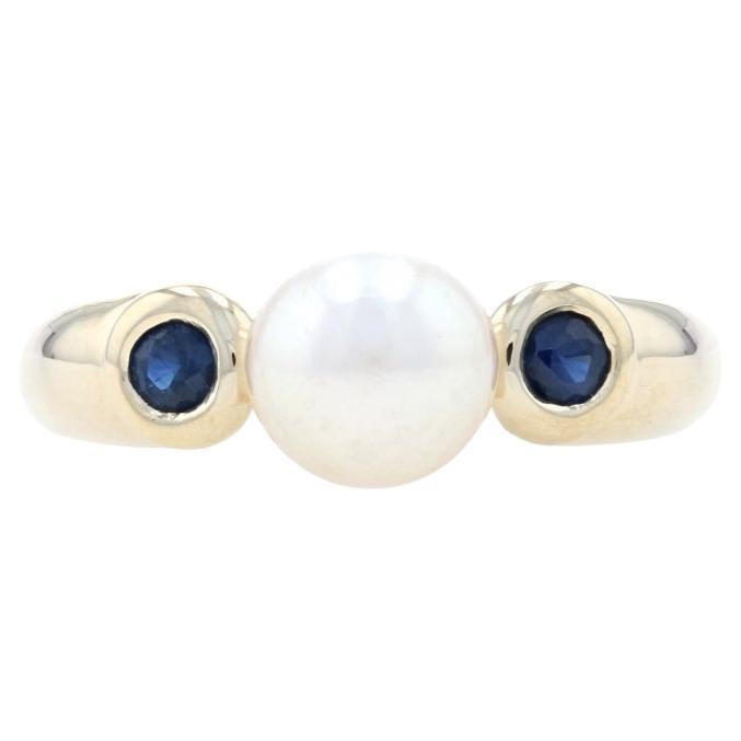 Yellow Gold Cultured Pearl & Sapphire Ring - 14k Round Cut .22ctw 6.8mm For Sale