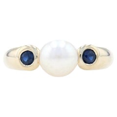 Anello con perle coltivate e zaffiri in oro giallo - 14k Taglio rotondo .22ctw 6,8mm