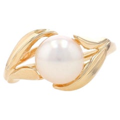 Yellow Gold Cultured Pearl Solitaire Bypass Ring - 14k Leaves