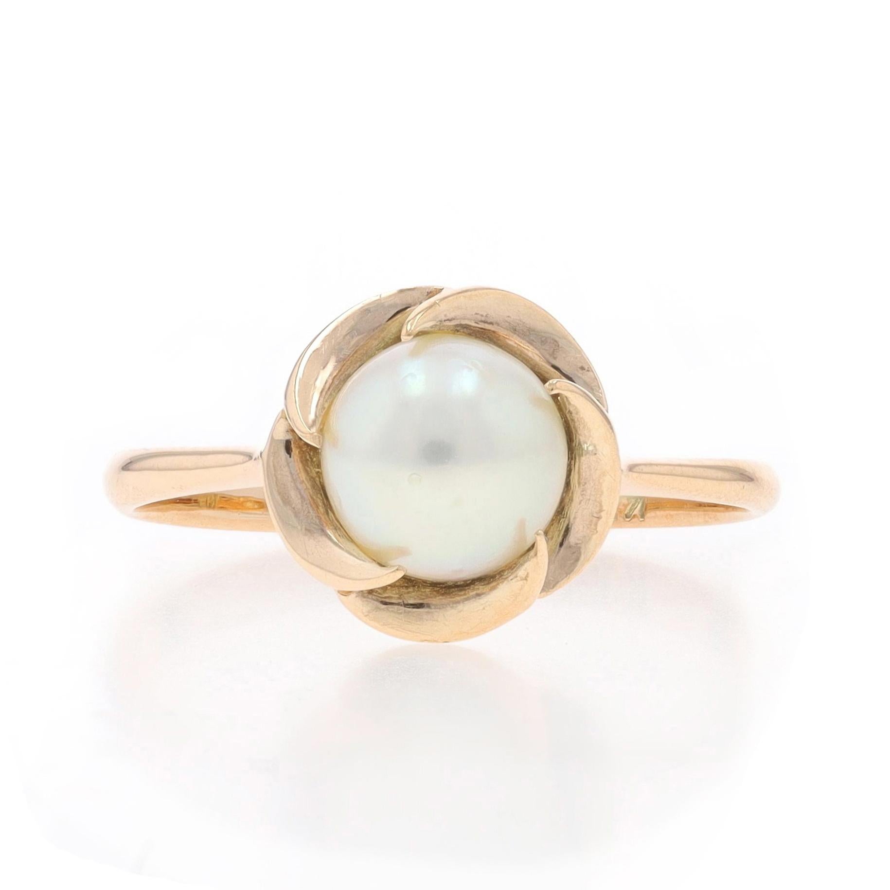 Size: 6 1/4
Sizing Fee: Up 3 sizes for $30 or Down 2 sizes for $30

Metal Content: 14k Yellow Gold

Stone Information

Cultured Pearl
Size: 6.6mm

Style: Solitaire
Theme: Floral Swirl

Measurements

Face Height (north to south): 13/32