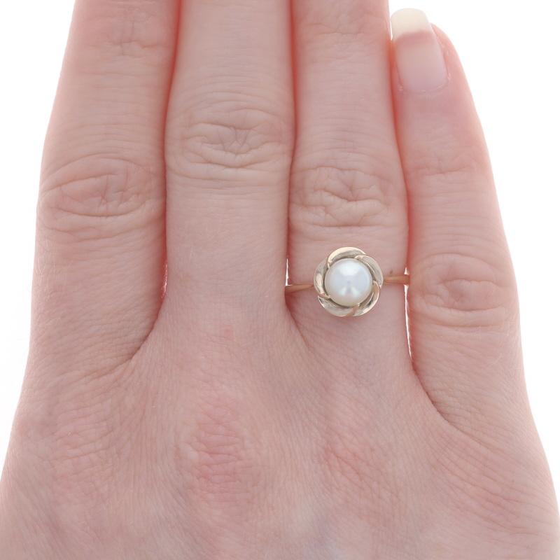 Bead Yellow Gold Cultured Pearl Solitaire Ring - 14k Floral Swirl For Sale