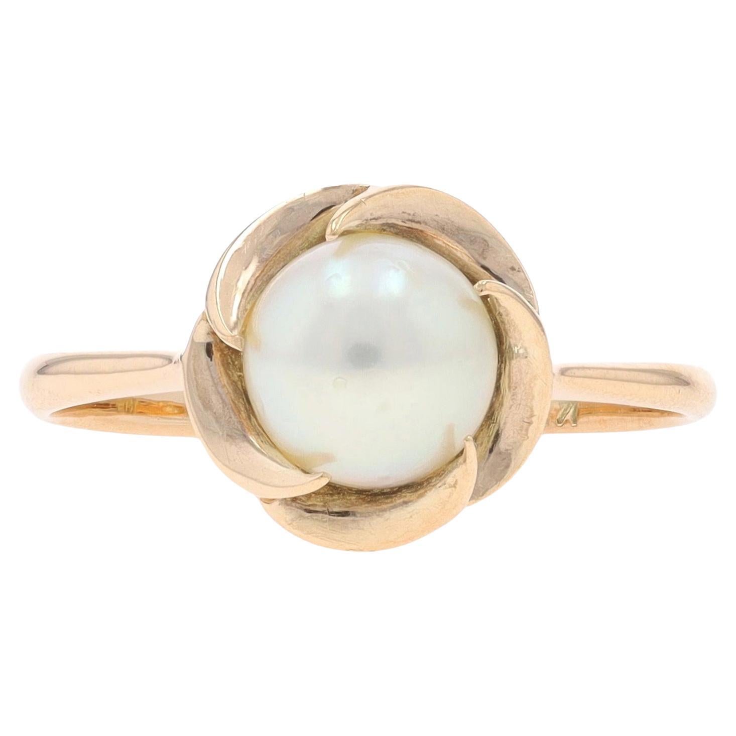 Yellow Gold Cultured Pearl Solitaire Ring - 14k Floral Swirl For Sale