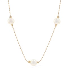 Yellow Gold Cultured Pearl Station Necklace, 14k Bead Chain Extender Adjustable