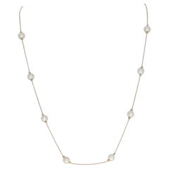 Yellow Gold Cultured Pearl Station Necklace, 14k Bead Chain Extender Adjustable