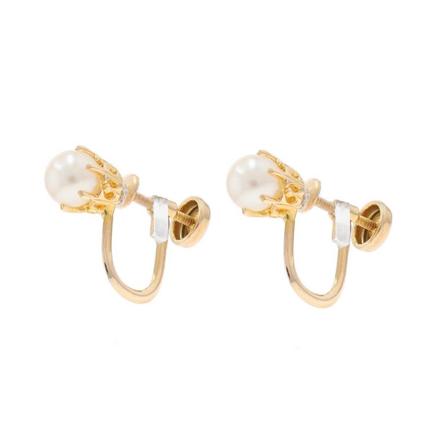 Bead Yellow Gold Cultured Pearl Stud Earrings - 10k Non-Pierced Screw-Ons For Sale