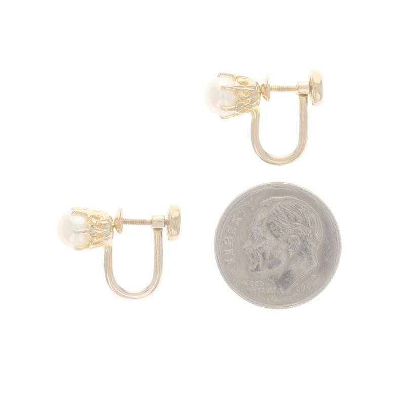 Yellow Gold Cultured Pearl Stud Earrings - 10k Non-Pierced Screw-Ons In Excellent Condition For Sale In Greensboro, NC