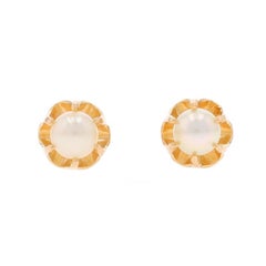 Yellow Gold Cultured Pearl Stud Earrings - 14k Buttercup Pierced Screw-Ons