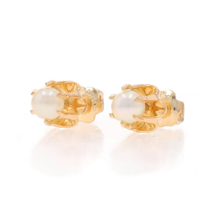Bead Yellow Gold Cultured Pearl Stud Earrings - 14k Buttercup Pierced Screw-Ons For Sale