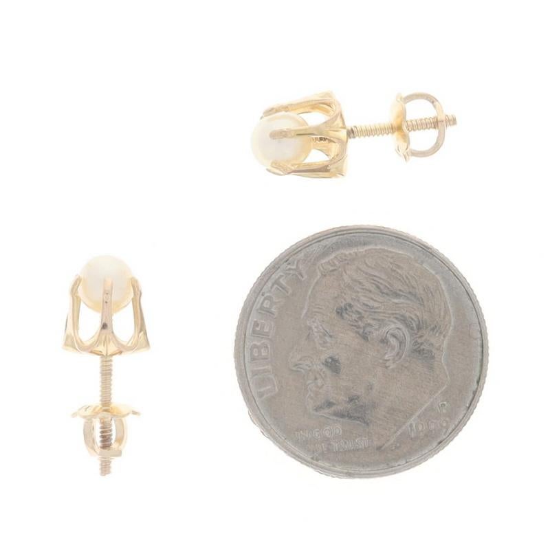 Yellow Gold Cultured Pearl Stud Earrings - 14k Buttercup Pierced Screw-Ons In Excellent Condition For Sale In Greensboro, NC