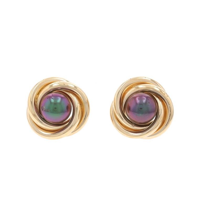 Metal Content: 14k Yellow Gold

Stone Information

Cultured Pearls
Treatment: Dyed
Color: Purple
Size: 5.2mm & 5.3mm

Style: Stud
Fastening Type: Butterfly Closures
Theme: Intertwined Circles

Measurements

Tall: 7/16
