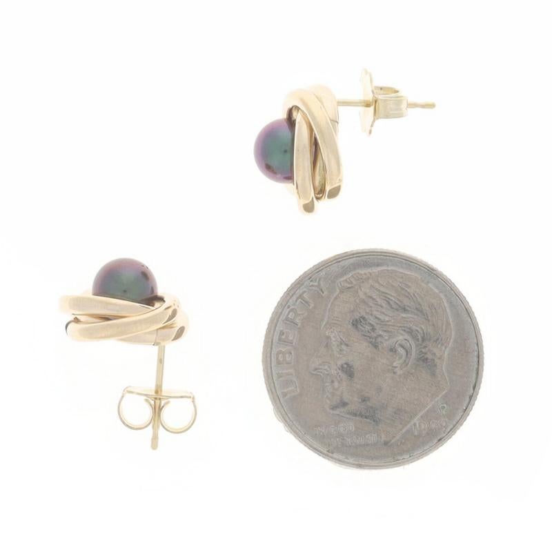 Bead Yellow Gold Cultured Pearl Stud Earrings 14k Intertwined Circles Pierced Treated For Sale