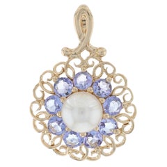 Yellow Gold Cultured Pearl 
Tanzanite Flower Halo Pendant, 14k Round .70ctw