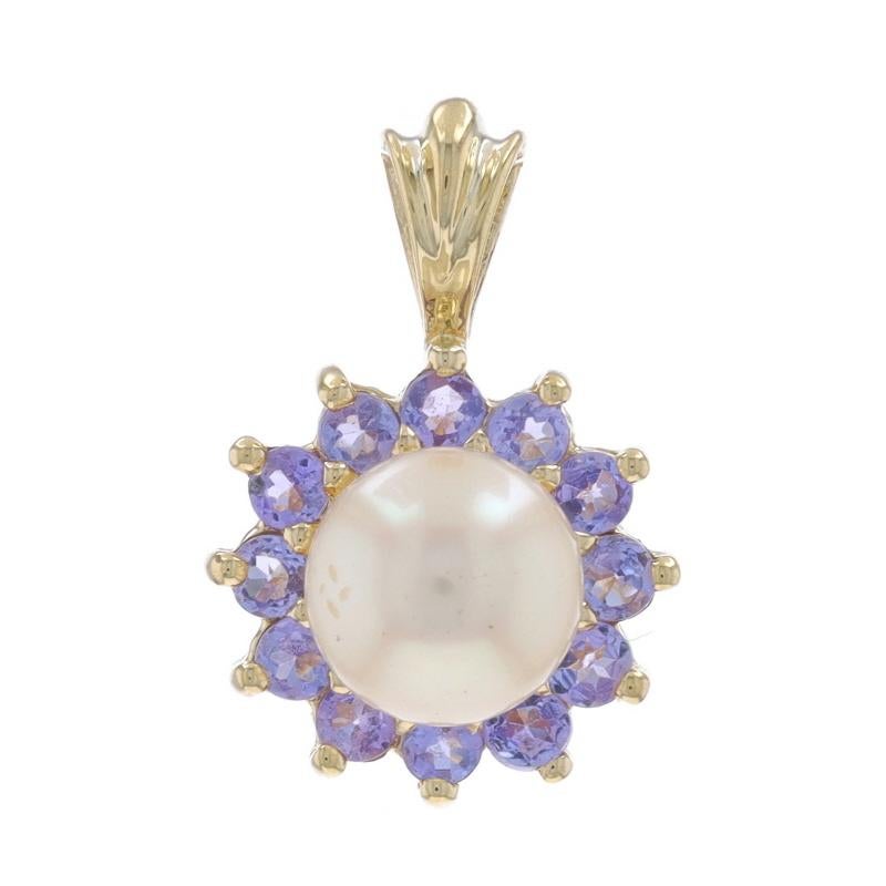 Metal Content: 10k Yellow Gold

Stone Information

Cultured Pearl

Natural Tanzanite
Treatment: Routinely Enhanced
Carat(s): .48ctw
Cut: Round

Total Carats: .48ctw

Style: Solitaire with Accents Halo
Theme: Flower

Measurements

Tall (from