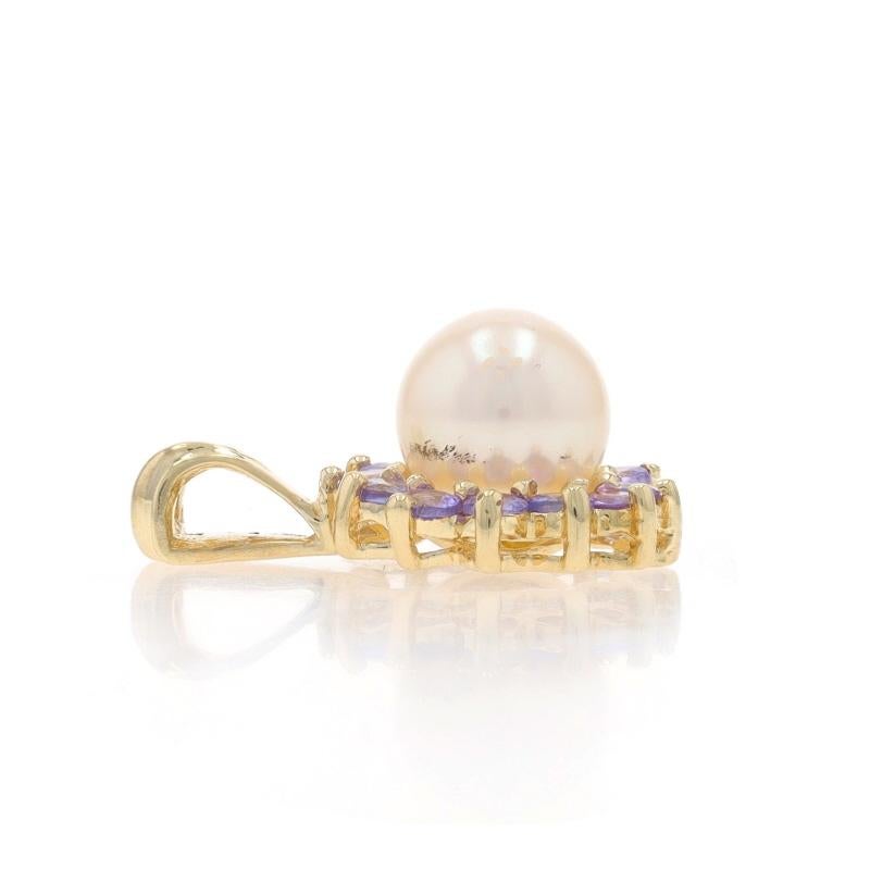 Round Cut Yellow Gold Cultured Pearl Tanzanite Halo Pendant - 10k .48ctw Flower For Sale