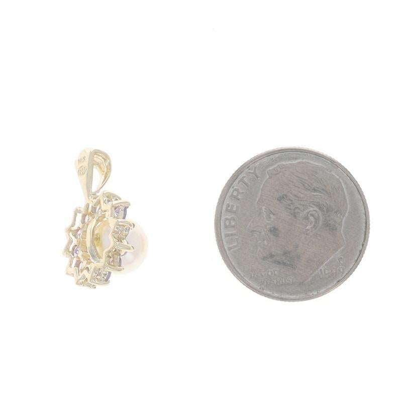 Yellow Gold Cultured Pearl Tanzanite Halo Pendant - 10k .48ctw Flower In Excellent Condition For Sale In Greensboro, NC