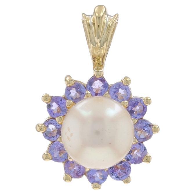 Yellow Gold Cultured Pearl Tanzanite Halo Pendant - 10k .48ctw Flower For Sale
