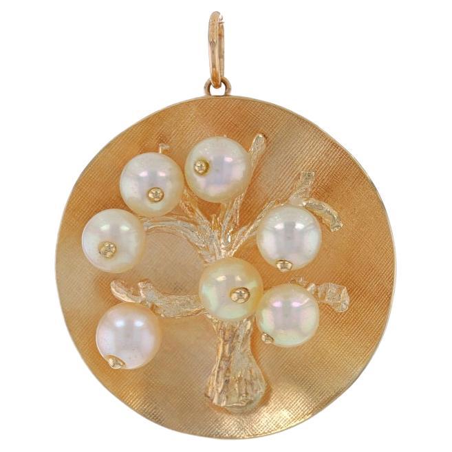 Yellow Gold Cultured Pearl Tree Pendant - 14k Concave Crosshatch Dome For Sale