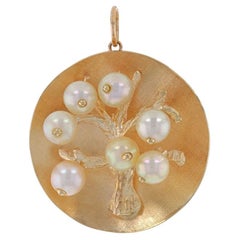 Yellow Gold Cultured Pearl Tree Pendant - 14k Concave Crosshatch Dome