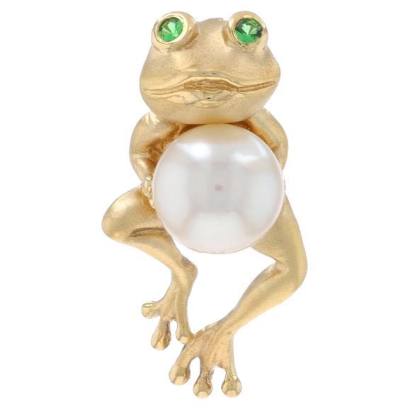 Yellow Gold Cultured Pearl & Tsavorite Garnet Frog Pendant - 14k Amphibian