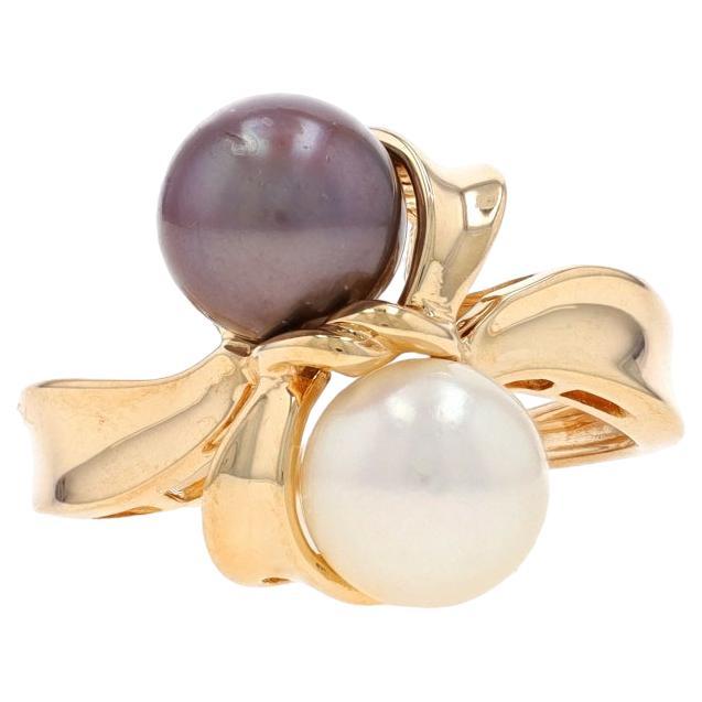 Yellow Gold Cultured Pearl Two-Stone Bypass Ring - 14k Bow Ribbon For Sale