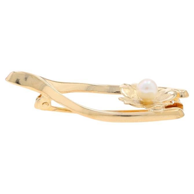 Yellow Gold Cultured Pearl Wishbone & Dogwood Flower Brooch - 14k Good Luck Pin For Sale