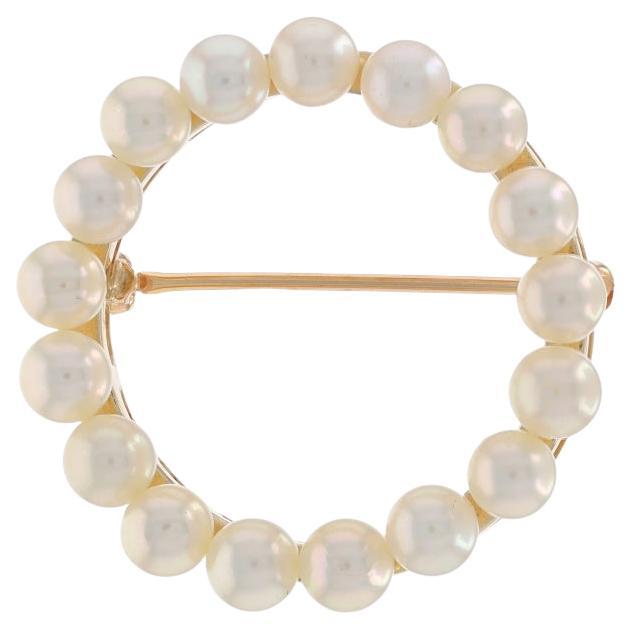 Yellow Gold Cultured Pearls Circle Wreath Brooch Pin - 14k