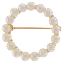 Yellow Gold Cultured Pearls Circle Wreath Brooch Pin - 14k