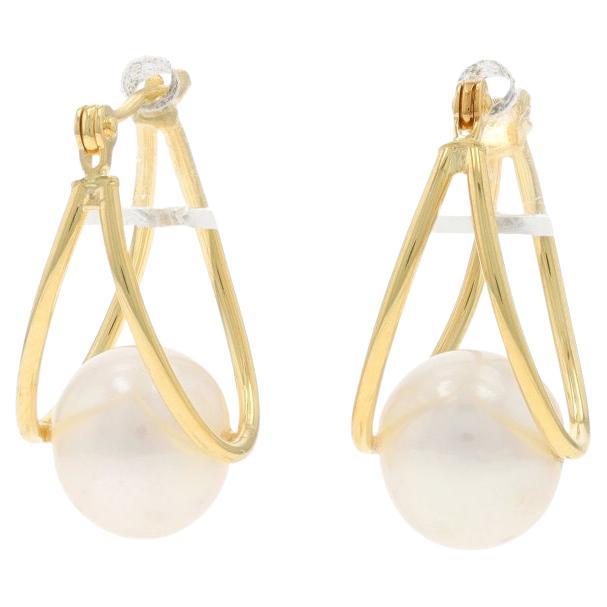 Yellow Gold Cultured Pearls Split Hoop Earrings 14k Pierced For Sale
