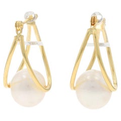 Yellow Gold Cultured Pearls Split Hoop Earrings 14k Pierced