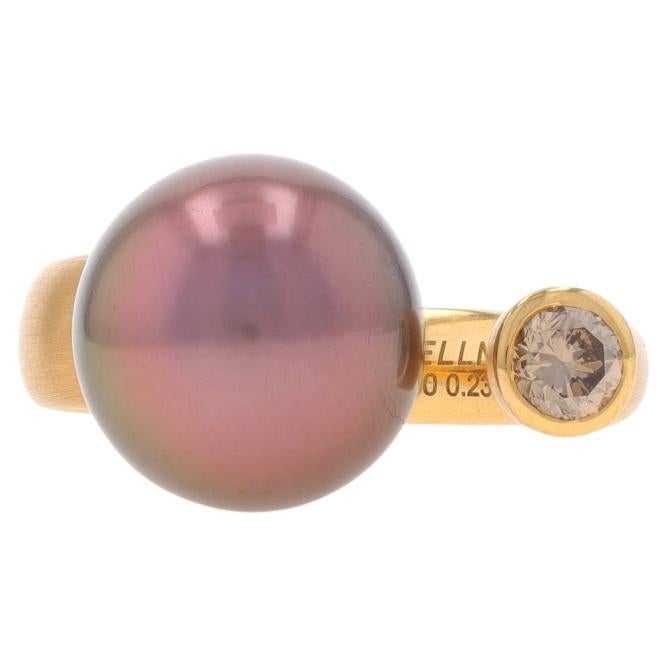 Yellow Gold Cultured Tahitian Pearl Diamond Negative Space Ring 18k.23ct Sz6 1/2 For Sale