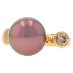 Yellow Gold Cultured Tahitian Pearl Diamond Negative Space Ring 18k.23ct Sz6 1/2