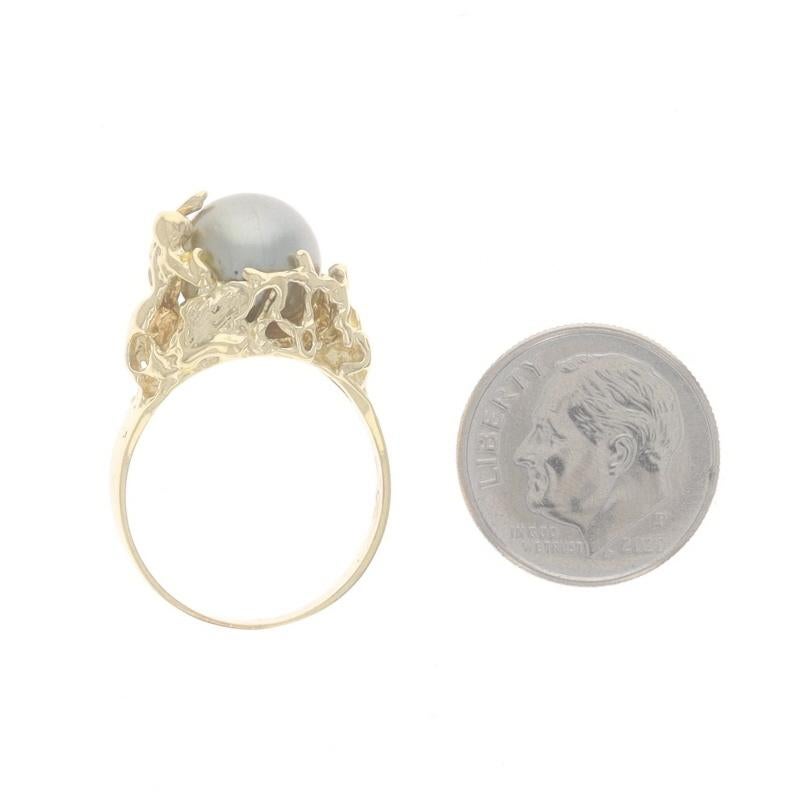 Yellow Gold Cultured Tahitian Pearl Solitaire Ring - 18k Mermaid & Seashells For Sale 1