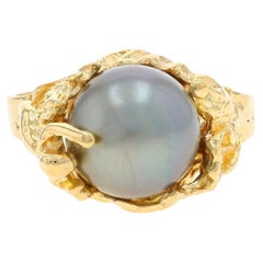 Yellow Gold Cultured Tahitian Pearl Solitaire Ring - 18k Mermaid & Seashells